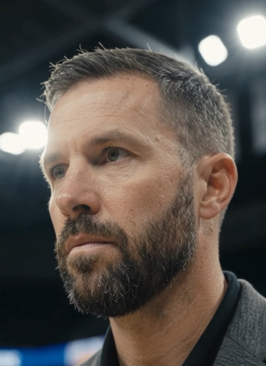 Coach Jason Cross holding a basketball and a play clipboard